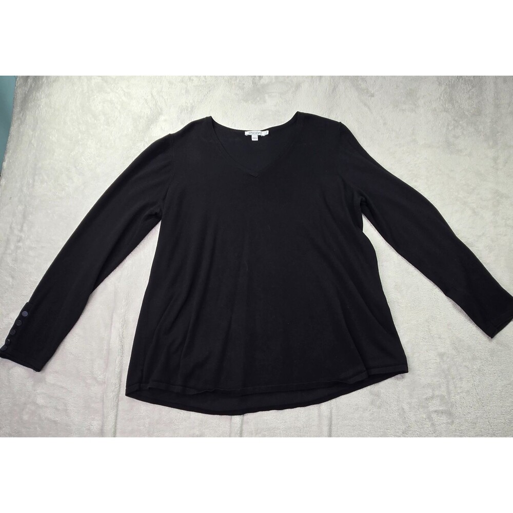 Chico's Black Sweater Women's Large 2 Rayon Poly Knit Long Sleeve Buttons V-Neck